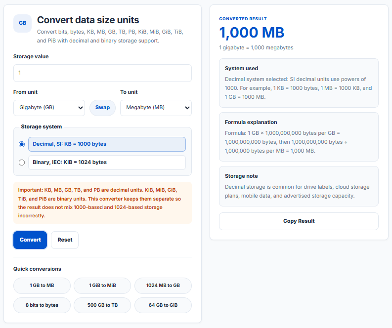 Digital Storage Converter | Convert Bytes, KB, MB, GB, TB, KiB, MiB