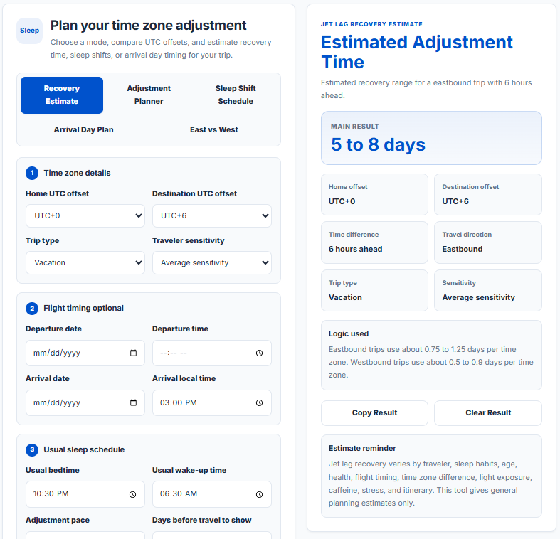 Jet Lag Calculator | Time Zone Adjustment and Sleep Schedule Planner