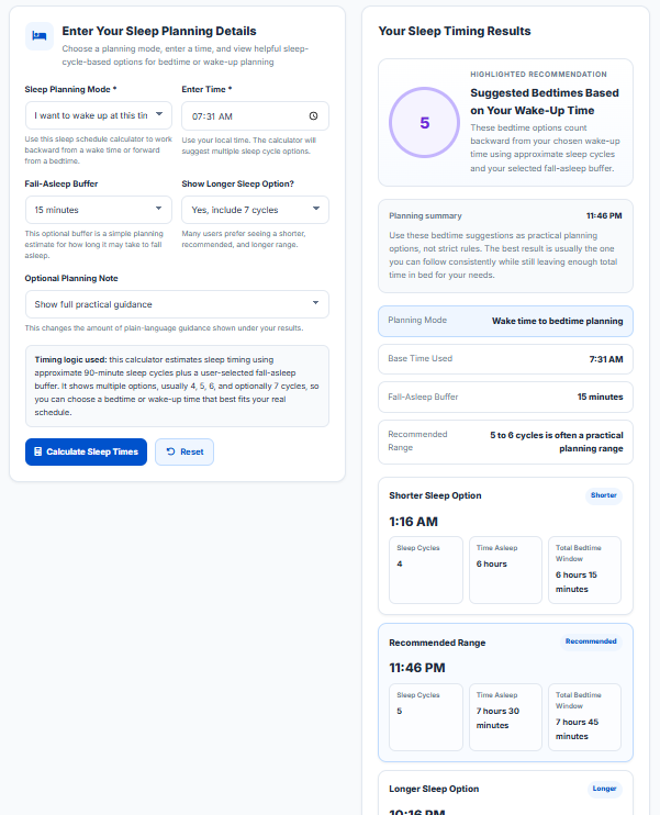 Sleep Planning Sleep Calculator | Bedtime and Wake-Up Time Planner | LifeToolSuit