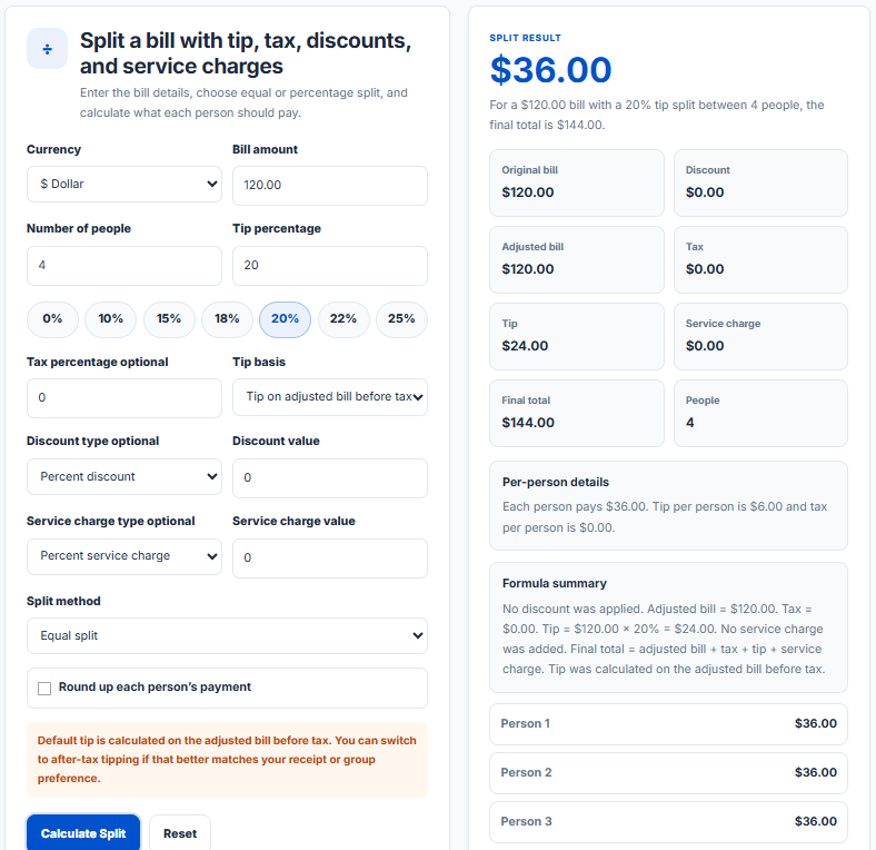 Split Bill Calculator | Split Check, Tip, Tax, and Total Per Person