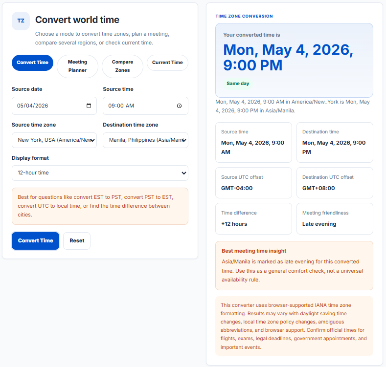 Time Zone Converter | World Time, Meeting Planner & Time Difference ...