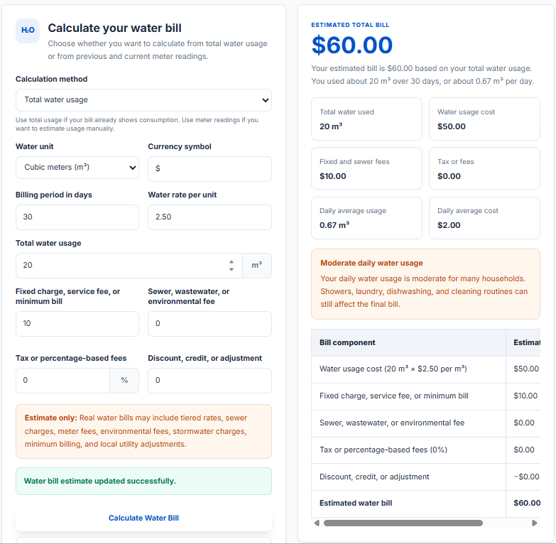 Water Bill Calculator | Estimate Monthly Water Cost by Usage | LifeToolSuit