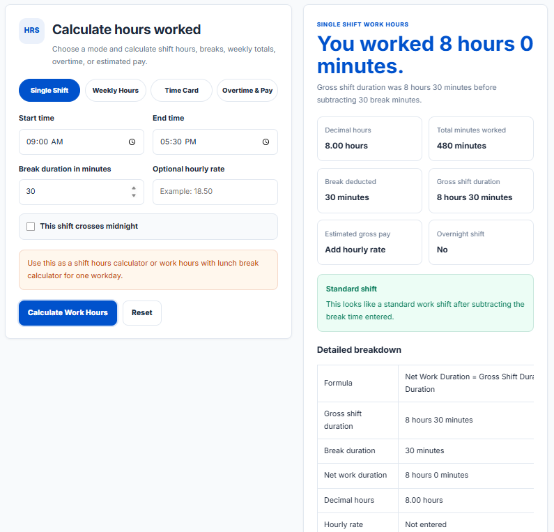 Work Hours Calculator | Time Card, Lunch Break, Overtime & Pay Estimate ...