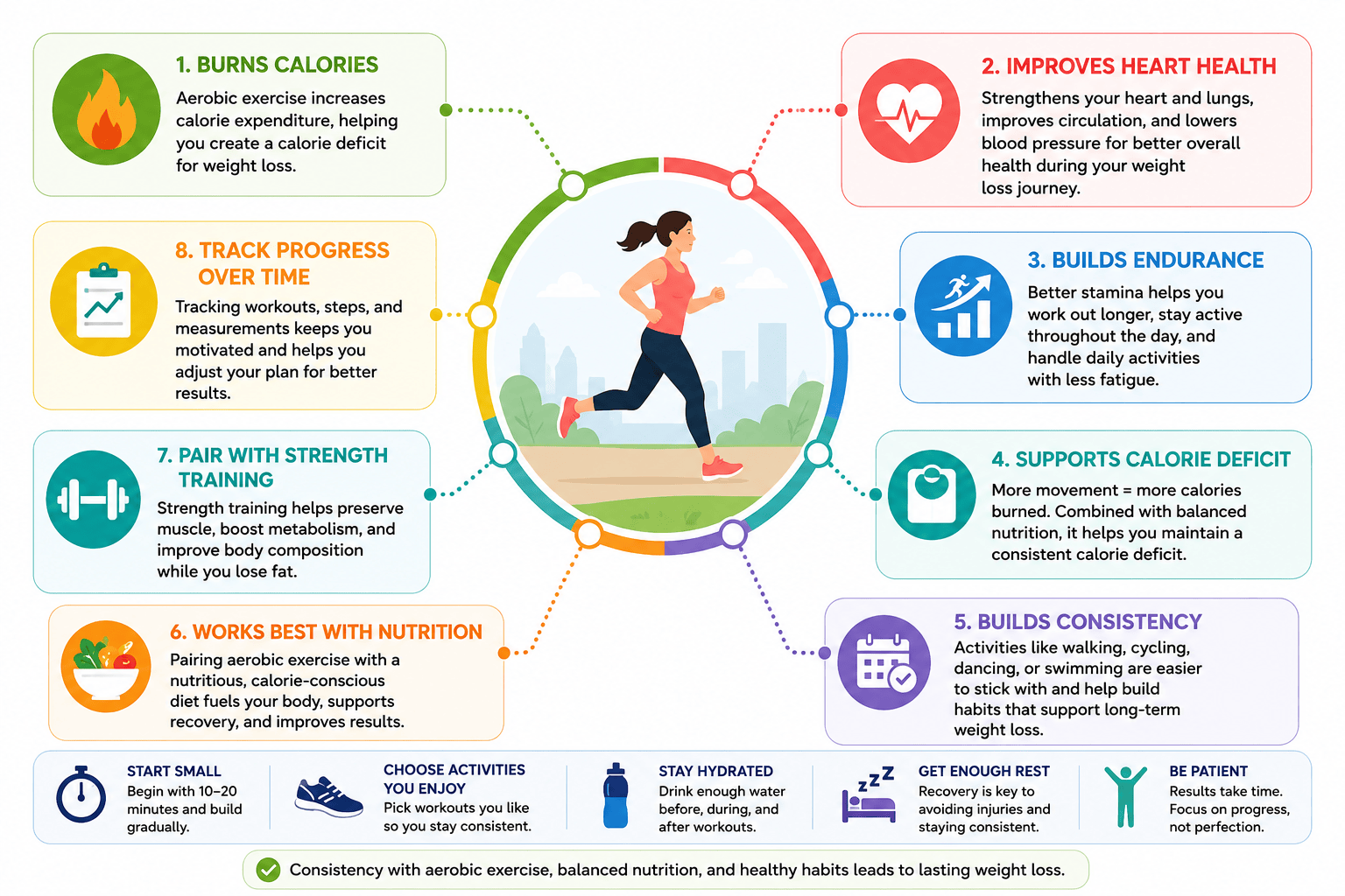 Diagram showing how aerobic exercise supports weight loss through calorie burn, endurance, consistency, nutrition, hydration, recovery, and strength training